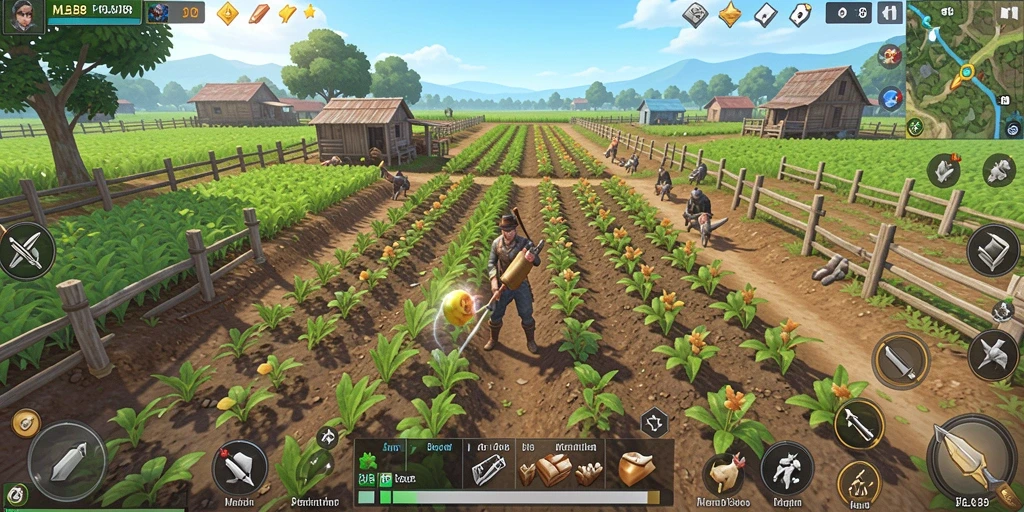 Screenshot gameplay MLBB8 yang menunjukkan kebun yang subur dan hewan ternak.