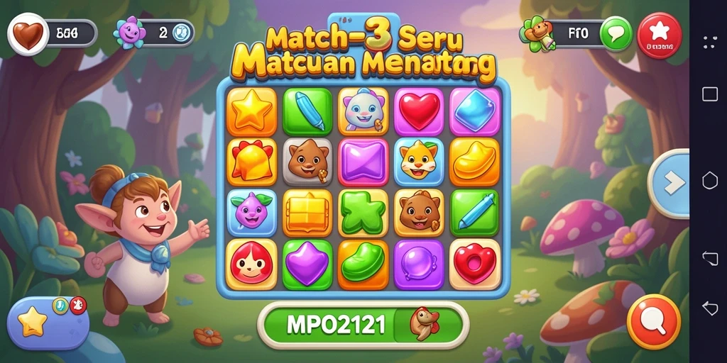 Screenshot menunjukkan gameplay seru dalam MPO2121 Match-3.