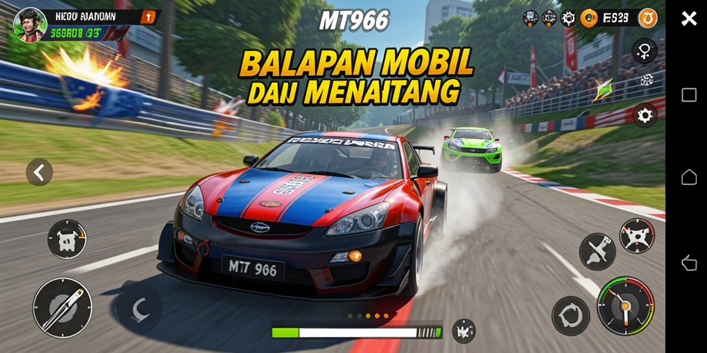 Screenshot gameplay MT966 dengan aksi balapan mobil yang mendebarkan.