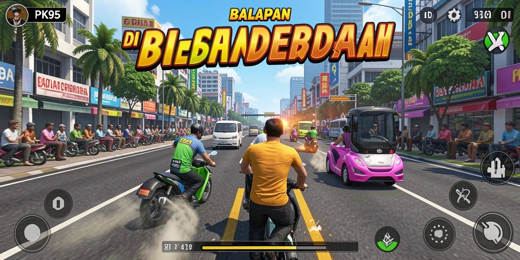 Tampilan gameplay PK95 dengan mobil balap yang melaju cepat di trek.