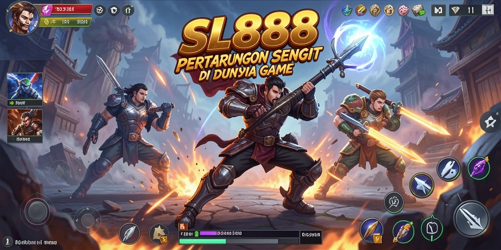 Screenshot utama SL888 menampilkan karakter bertarung di arena yang menegangkan.