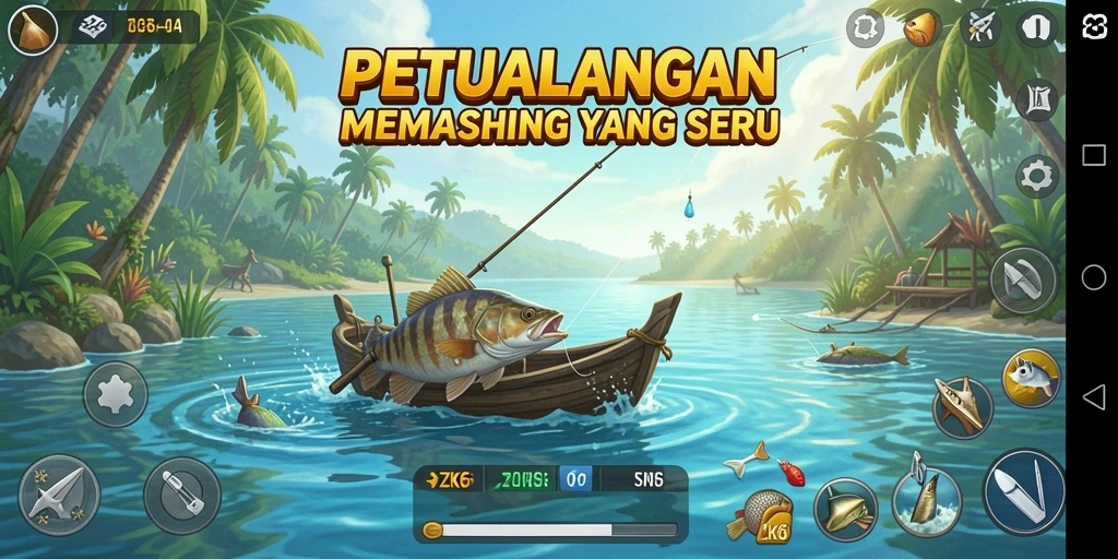 Screenshot menampilkan gameplay memancing yang seru dan grafis menawan.
